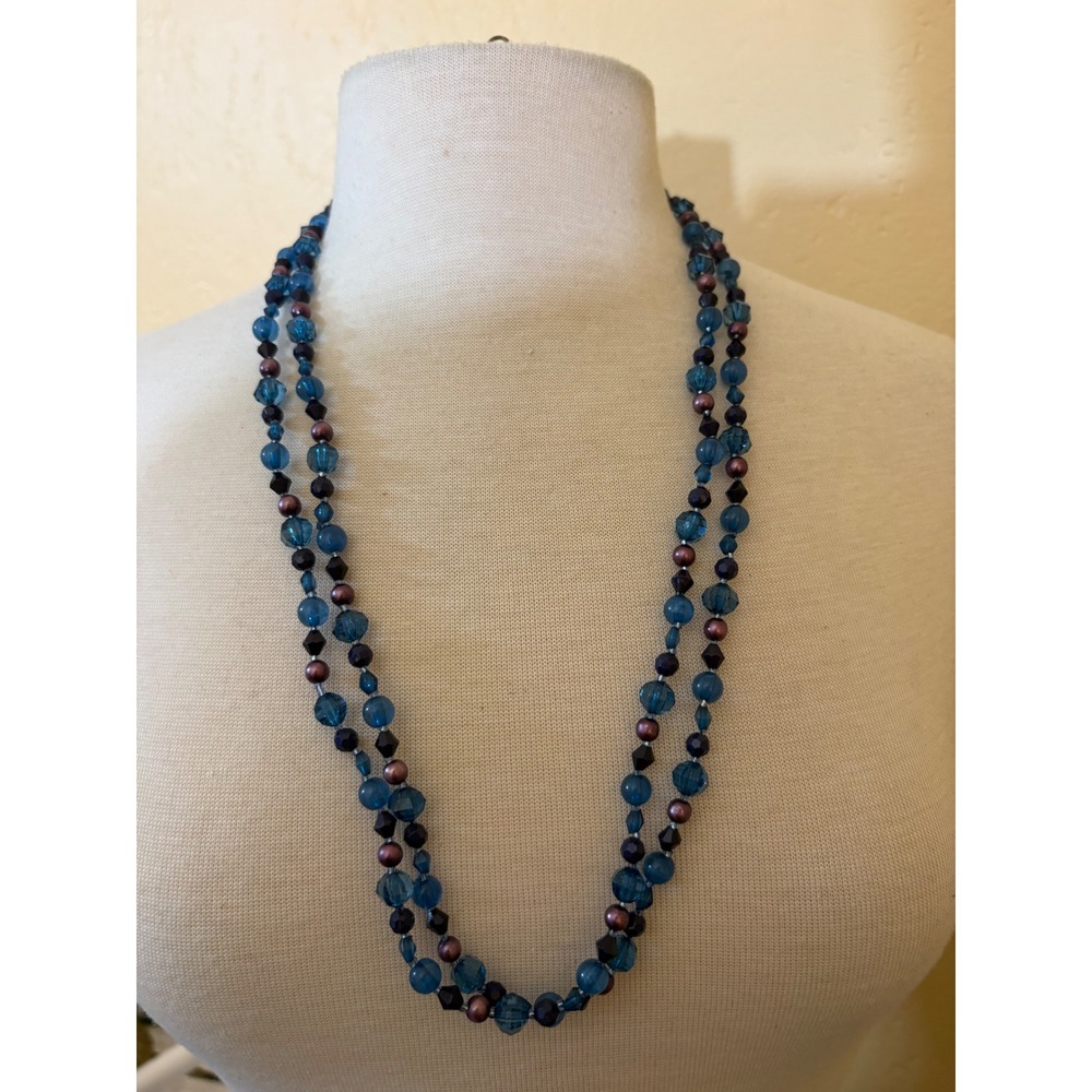 Vintage Blue Teal Beaded Strand Necklace Faceted Glass Copper Faux Pearl 52in